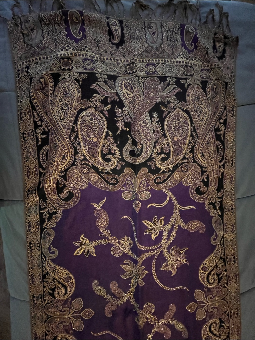 Purple & Black & Gold Paisley Floral Shawl with Gold Accents 72 X 27